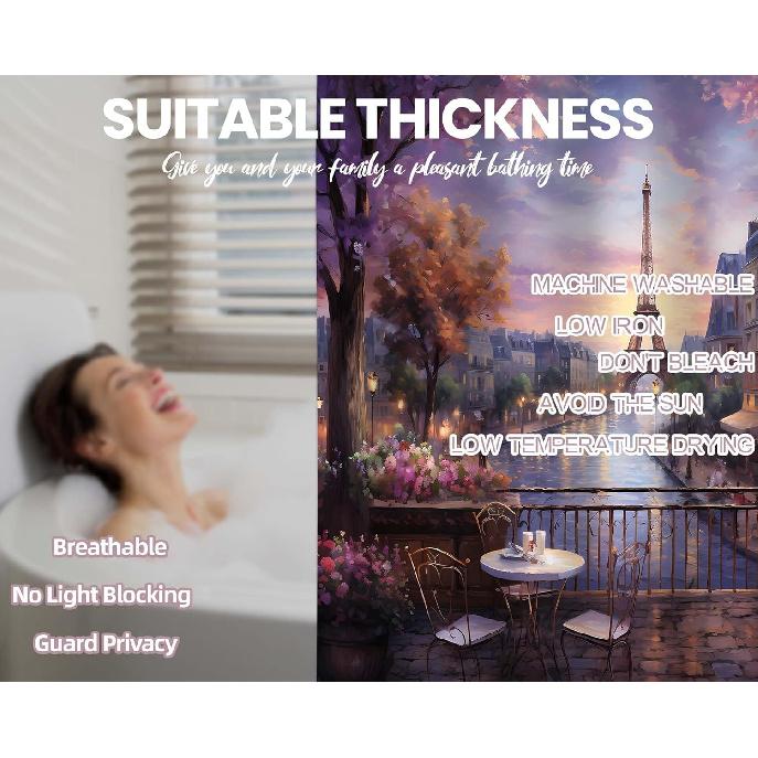 Vintage Paris Shower Curtain Eiffel Tower French Cityscape Shower Curta for Bathroom Decor Set, Waterproof Fabric with Hooks (70''W x 72''L)