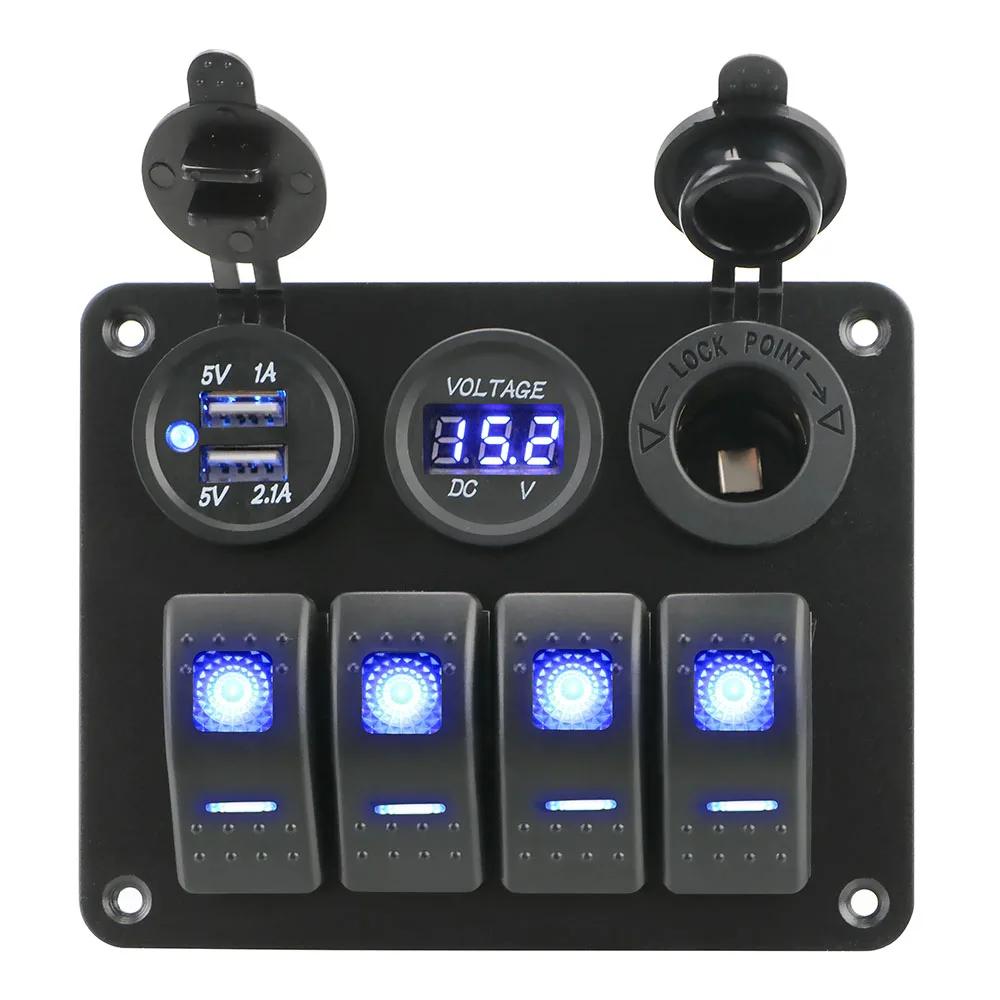 For Car RV Camper Caravans 4 Gang Switch Panel MotorHome Dual USB Port Digital Voltmeter Circuit Breaker LED Rocker Socket Panel