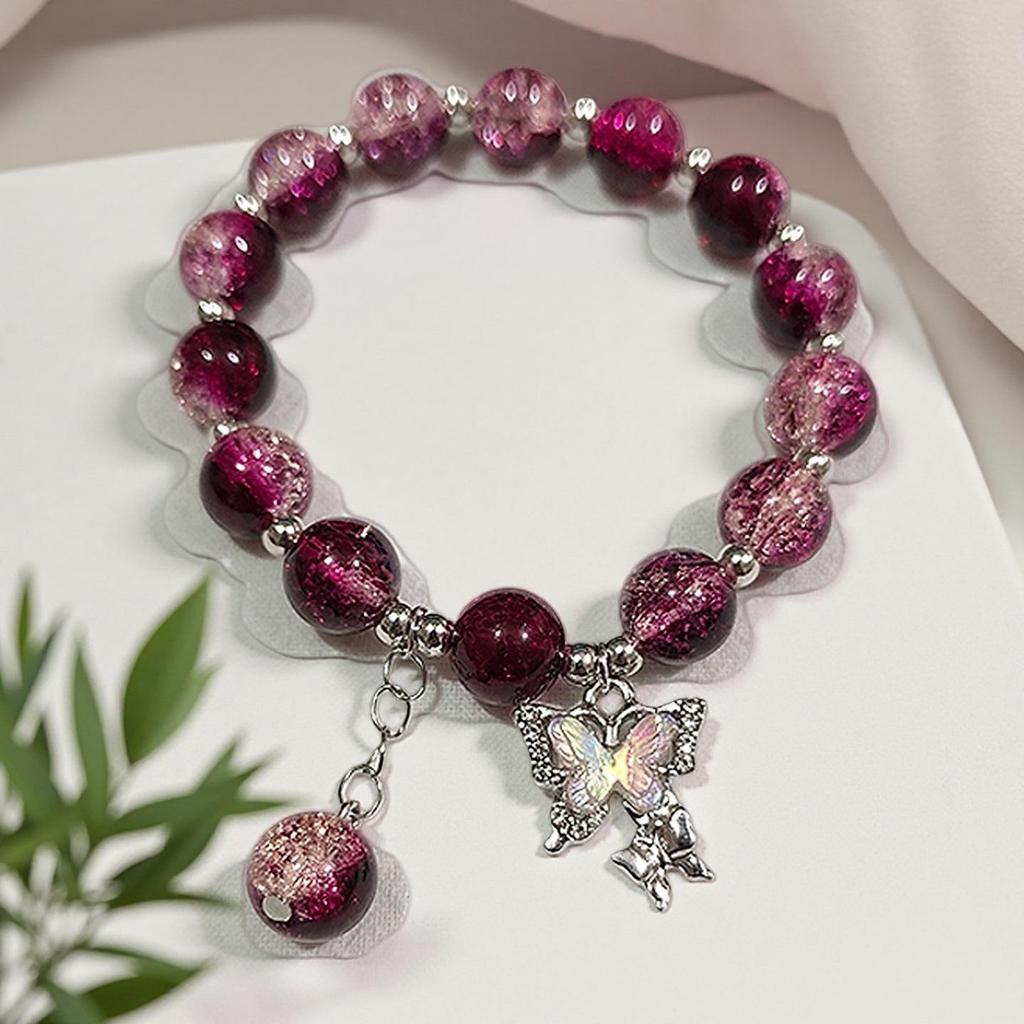 Braccialetto in Vetro Fiore Esplosione Fantasy da 10 mm: Ciondolo Farfalla Colore Degradé Design di Nicchia per Donne e Migliori Amiche.