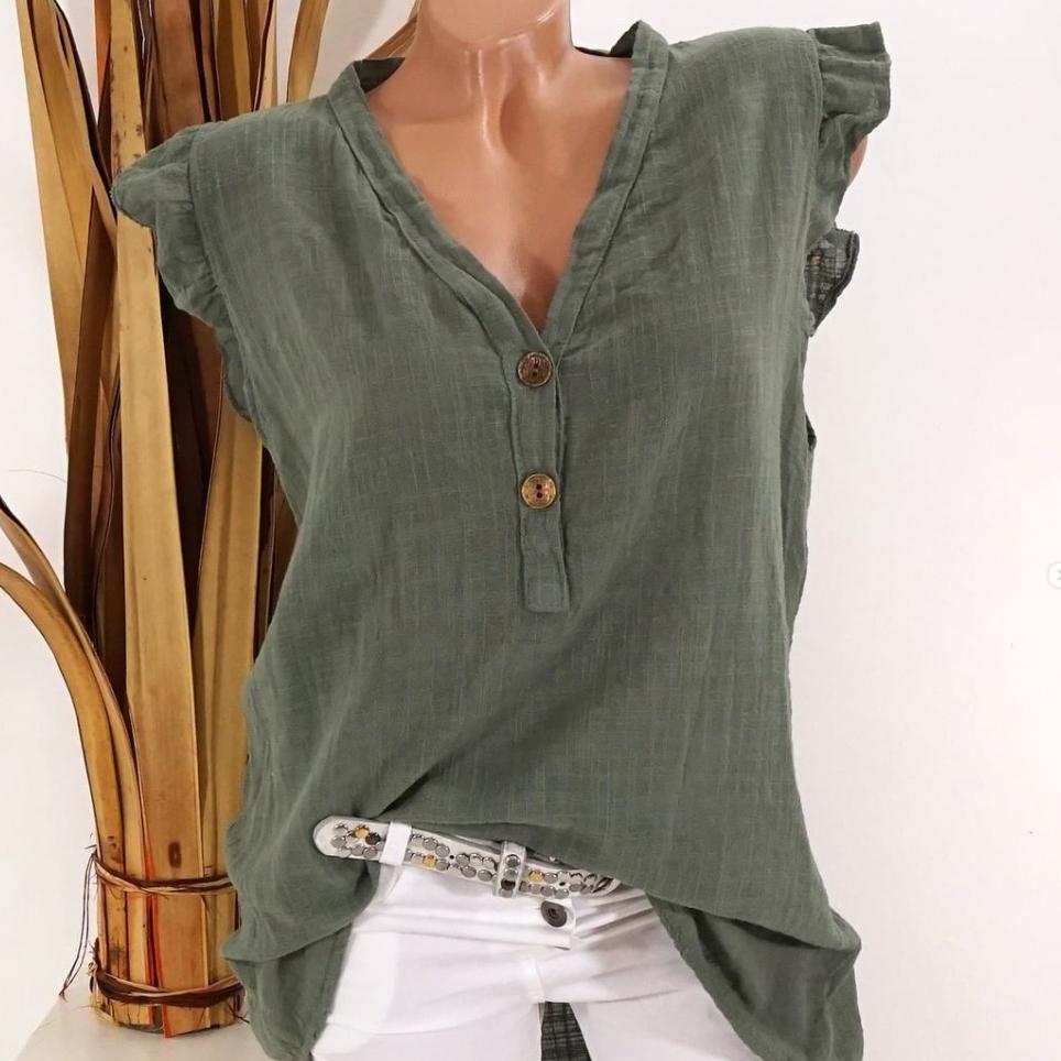 Oddychająca, luźna koszula damska z guzikami i dekoltem w serek, w jednolitym kolorze, z bawełny i lnu