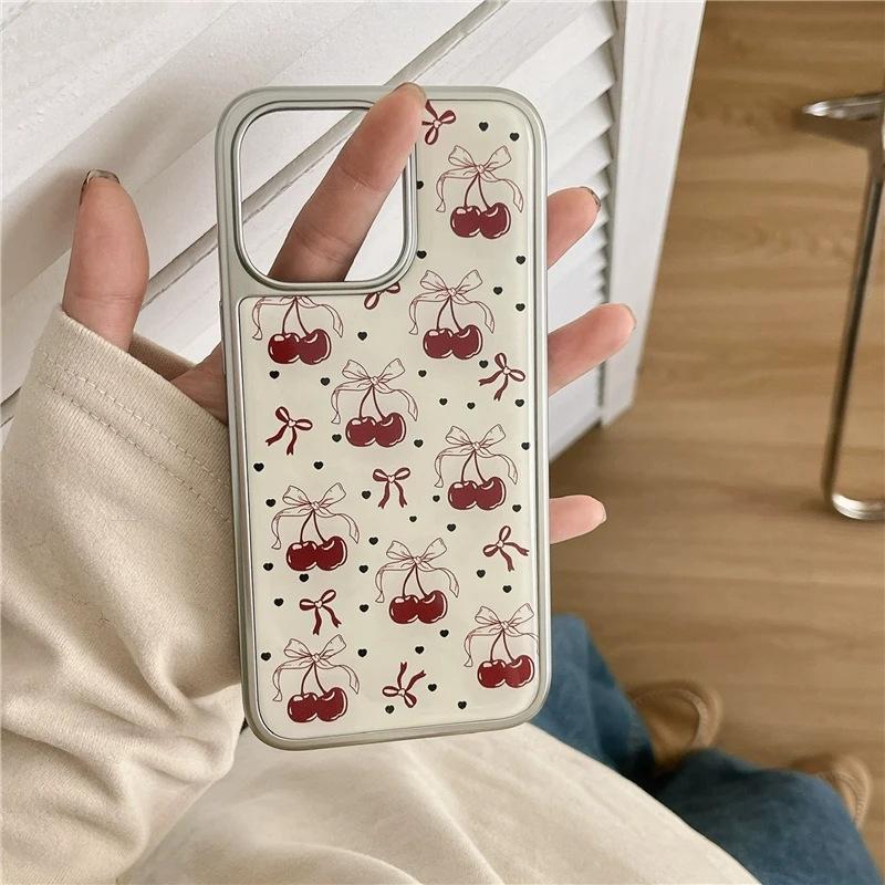 Ins bow cherry for iPhone apple 17pro mobile phone case 15 electroplating 16 water condensation 13 love 14 hard