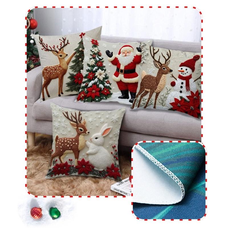 Printed Elk Rabbit Santa Snowman Holiday Decorative Linen Cushion Cover Christmas Pillowcase For Living Room Bedroom