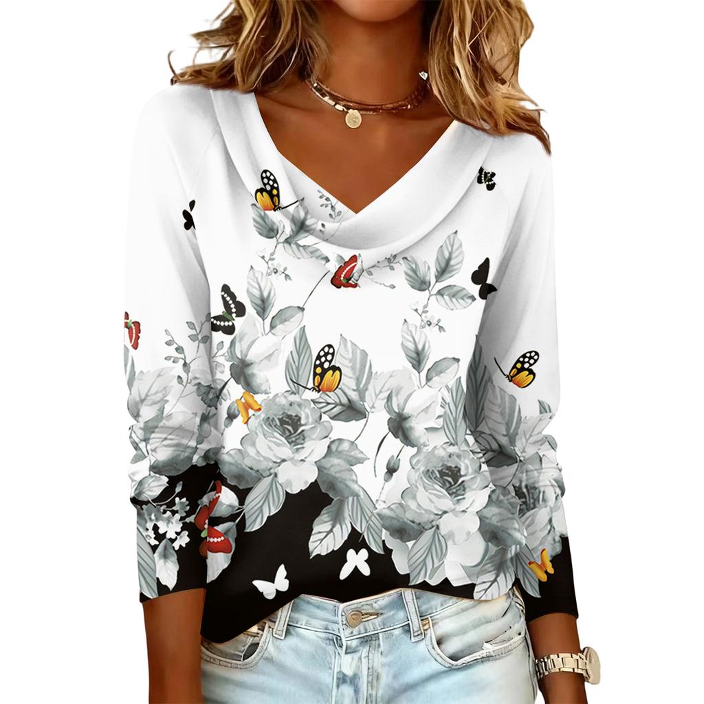 Ladies' Floral Printed Casual And Fashionable Long Sleeved Pullover Top