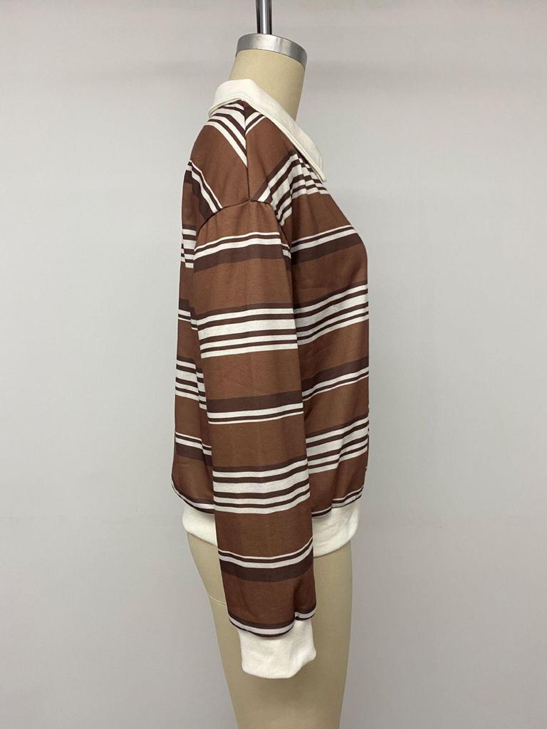 TEMU 2026 Autumn/Winter Women's Retro Striped Polo Collar Half-Zip Loose Hoodie