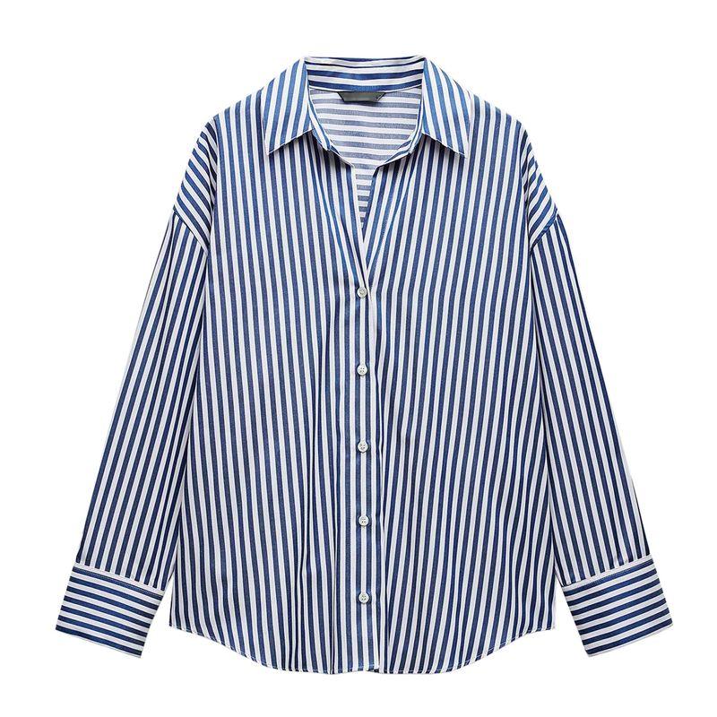 

Summer New Product Women s Clothes Minimalist Style Single Row Multi-Buckle Long Sleeves Lapel Basic Poplin Shirt 2348976 SEA BLUE M