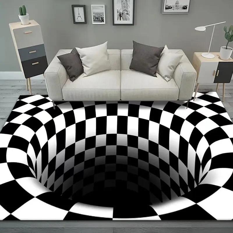 Large Size Carpet 3D Vortex Illusion Black White Rug Abstract Geometric Optical Mat Non-Slip for Bedroom Living Room Decoration