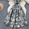 French retro high-end elegant square neck sleeveless printed dress women's new strap waist big swing dress