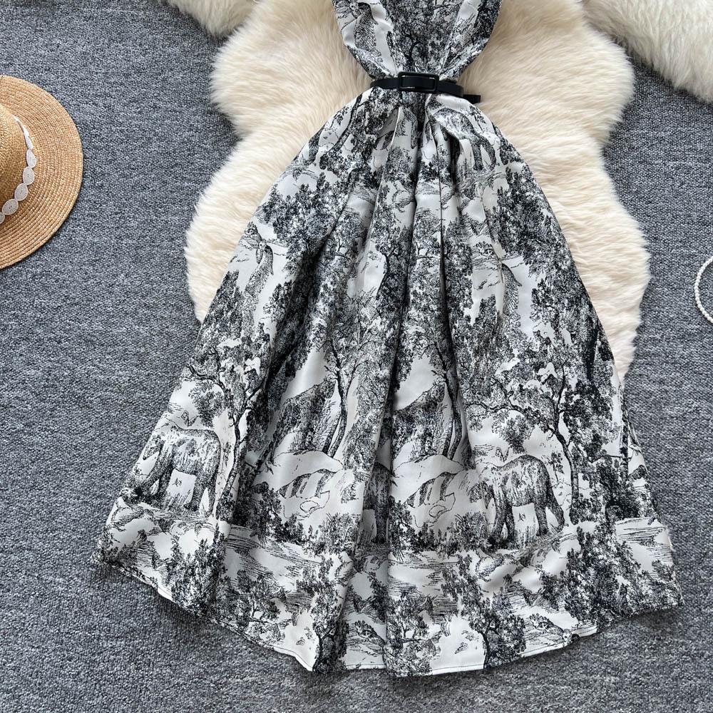 French retro high-end elegant square neck sleeveless printed dress women's new strap waist big swing dress