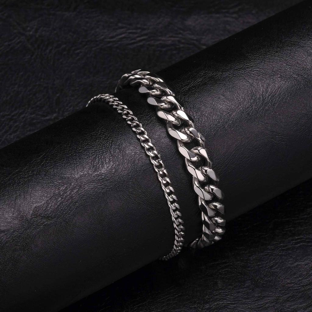 2pcs/set Cuban Chain Bracelet for Men,Waterproof Stainless Steel Miami Curb Wristband,Causal Jewelry Gift