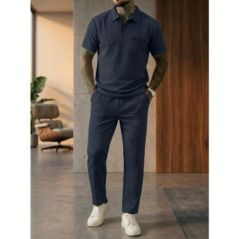 Solid Waffle Mens Casual Short Sleeve Polo Shirt And Long Pants Set
