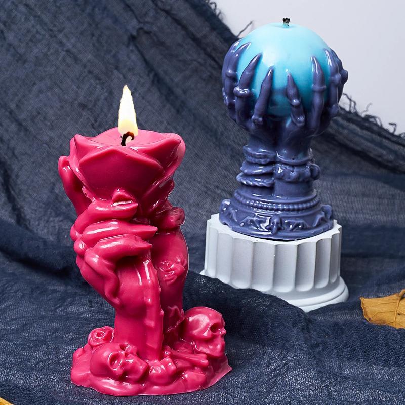 3D Hexenhand Kerze Silikonform Geisterklaue Rosenkugel Halloween Schädel Wachsgießen Form für Heimdeko und DIY-Projekte