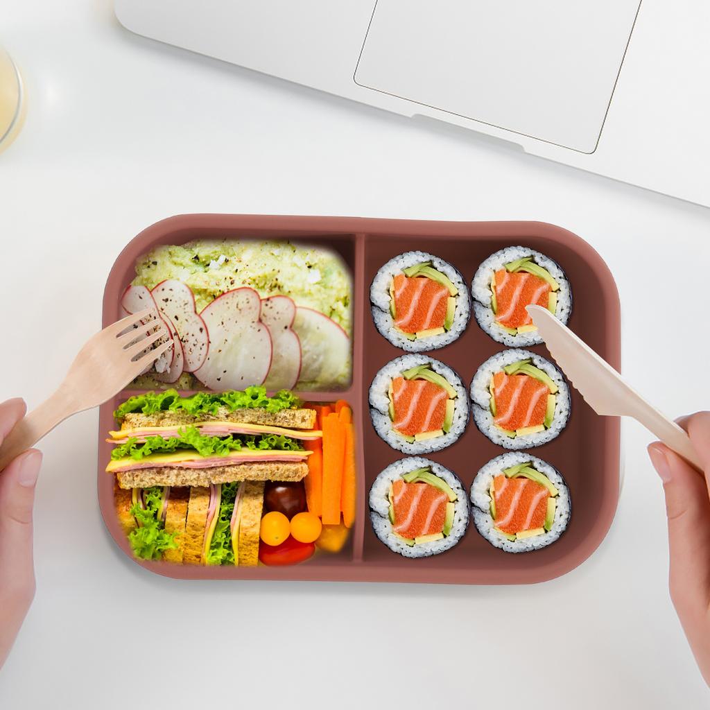 Silicone Bento Box Divided Compartments Portable Lunch Container For Kids Students Microwave Safe Food Storage Case
