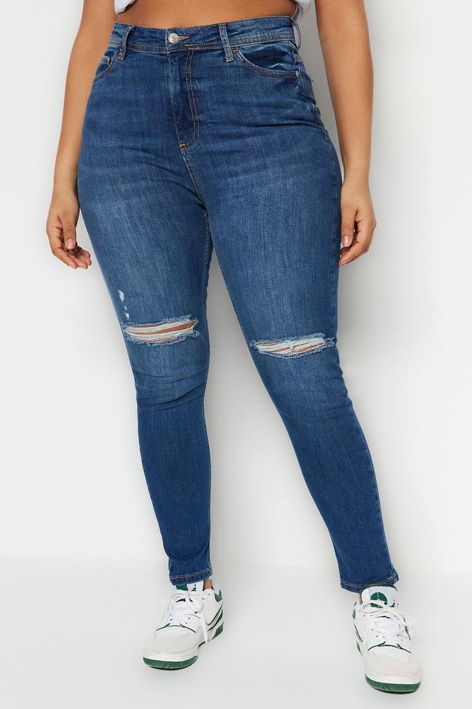 Women's Style Plus Size Dark Blue High Waist Destroy Detailed Stretchy Skinny Jeans