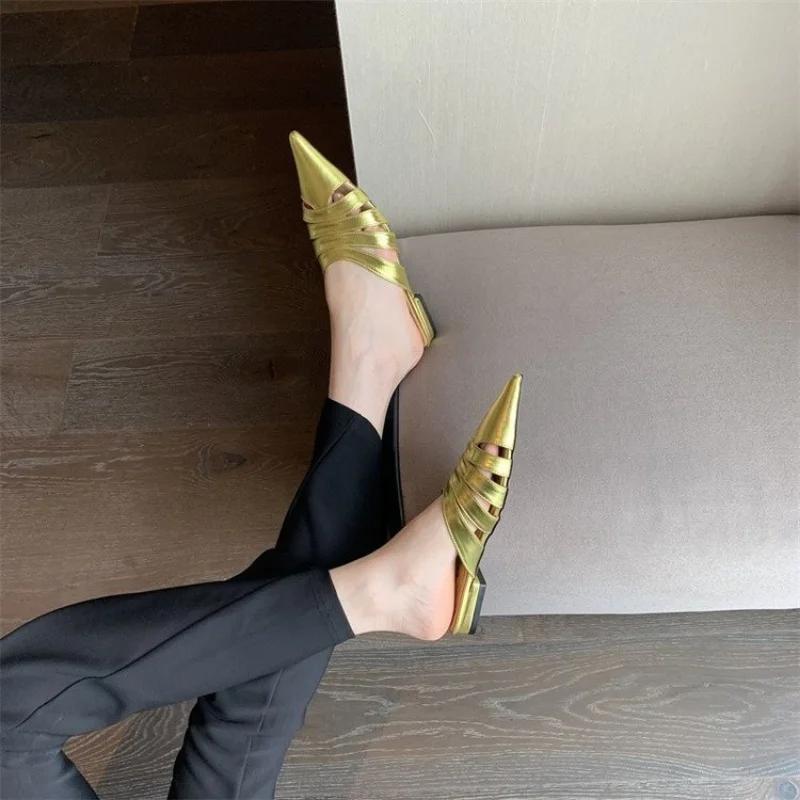 Fashion Pointed Toe Women Mules Slippers Black Gold Silver White Casual Outside Flat Slippers Hollow Dress Shoes Summer Slip On Slides
