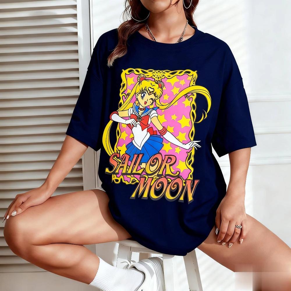 Summer Sailor Moon Graphic Tshirt Unisex Women Anime Print Short Sleeve Tee Oversized Casual Fashion Y2k Clothes Cotton
