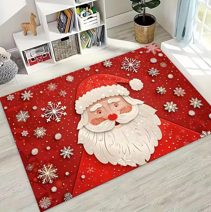 Happy New Year Merry Christmas Tree Santa Claus Cartoon Gift Carpet for Bedroom Living Room Sofa Home Doormat Decor Non-slip Rug