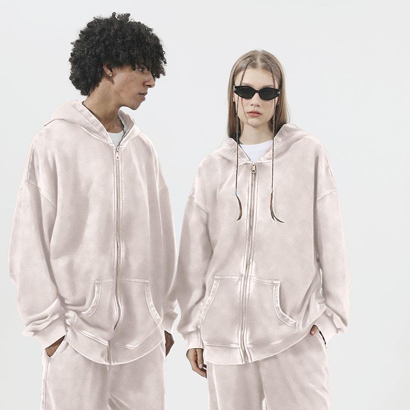 Oversized 350g Cotton Distressed Zip-Up Hoodie - Large, Drop Shoulder, Retro Washed Terry Cardigan