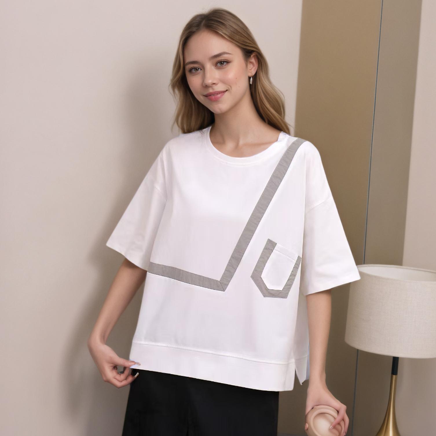 

DIMANAF 2025 Летняя новая футболка женская с принтом пуговиц асимметричная с коротким рукавом свободная One Size