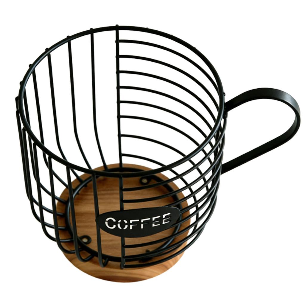 Metal Coffee Pod Wire Basket with Wooden Base Large Capacity Coffee Pod Holder for Kitchen Countertops Office Coffee