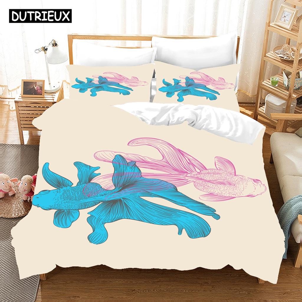3D Printed Cartoon Fish Photo Chinoiserie Bedding Set Down Quilt Cover With Pillowcase Double Complete  King