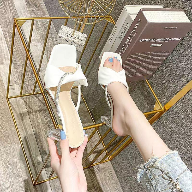 

Sandals sandals summer 2025 European and American fashion new square head rhinestone transparent thick heel one pedal high heel sandals 34 белый