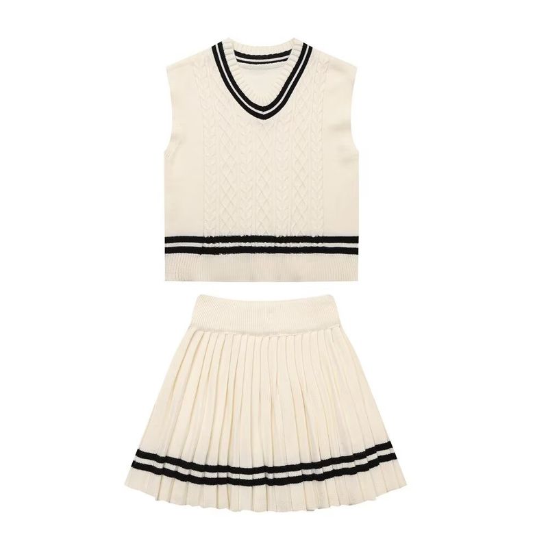 Kaslead New Arrival Women's Clothing Fashion Style Fashion Minimalist Contrast Color Preppy Style Knitting Vest Mid-Length Dress Set