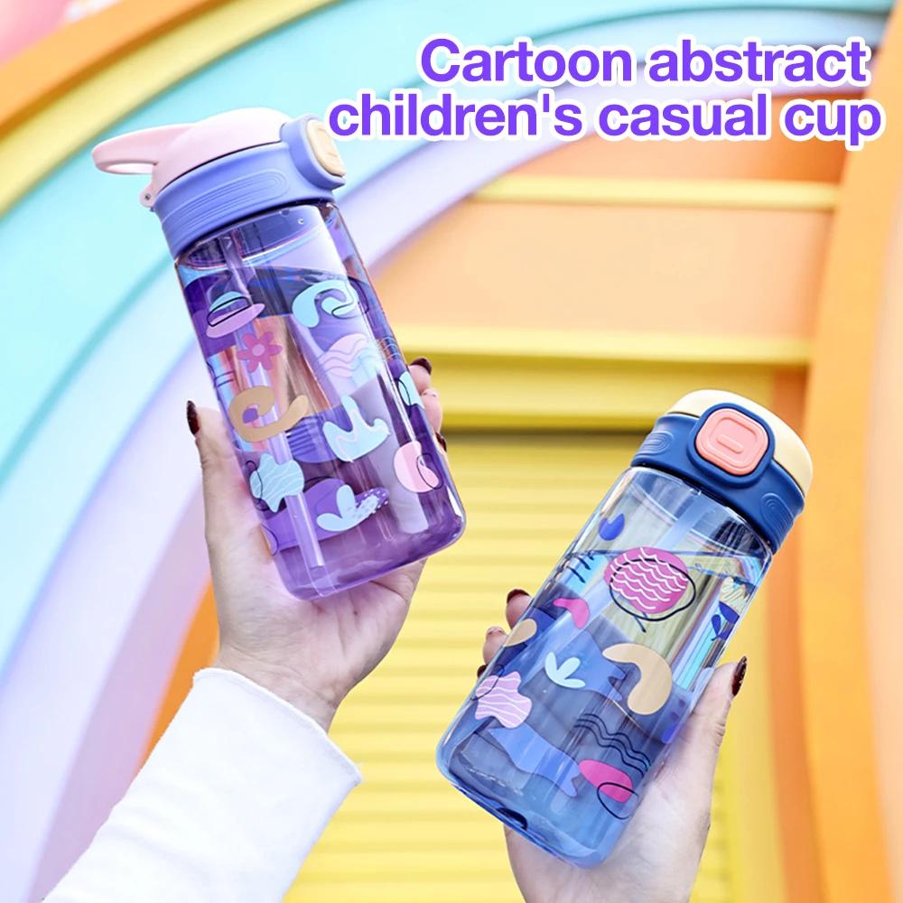 600ML Childrens Water Bottle With Straw Cute Kids Water Sippy Cup Outdoor Portable Cartoon Water Bottle for Children School Boba