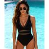 Sexy Mesh Swimsuit Women One Piece Solid V-Neck Swimwear Female Sexy Bathers Bathing Suit Padded Beachwear Swimming Summer
