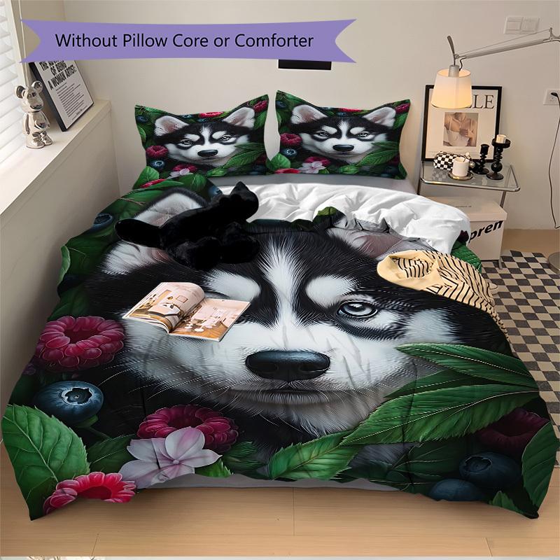 3pcs Husky and Flowers Duvet Cover Set -Includes 1 Duvet Cover and 2 Pillowcases, No Quilt Core, All-Season Home Decor yy251111104
