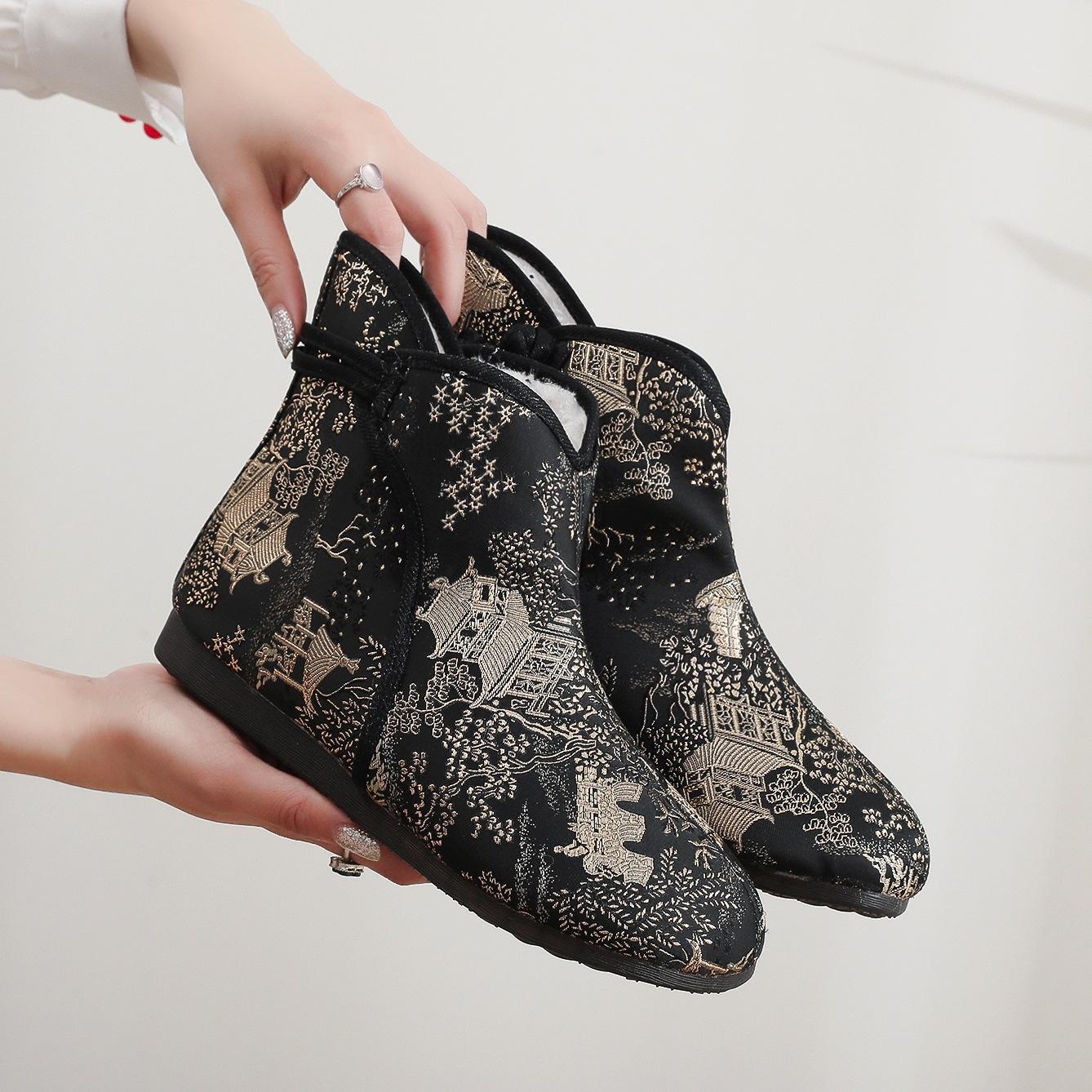 [Yan Yue] 2024 осень-зима национальный стиль старый Пекин национальный стиль вышитые хлопковые ботинки плоская подошва старинный стиль женская обувь обувь ханьфу 40 чёрный