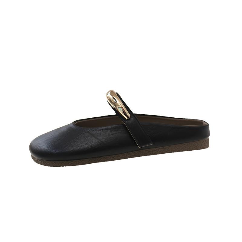 French bag head half drag single shoes women's 2025 spring and summer new metal buckle flat bottom one pedal lazy Mary Jane sandals