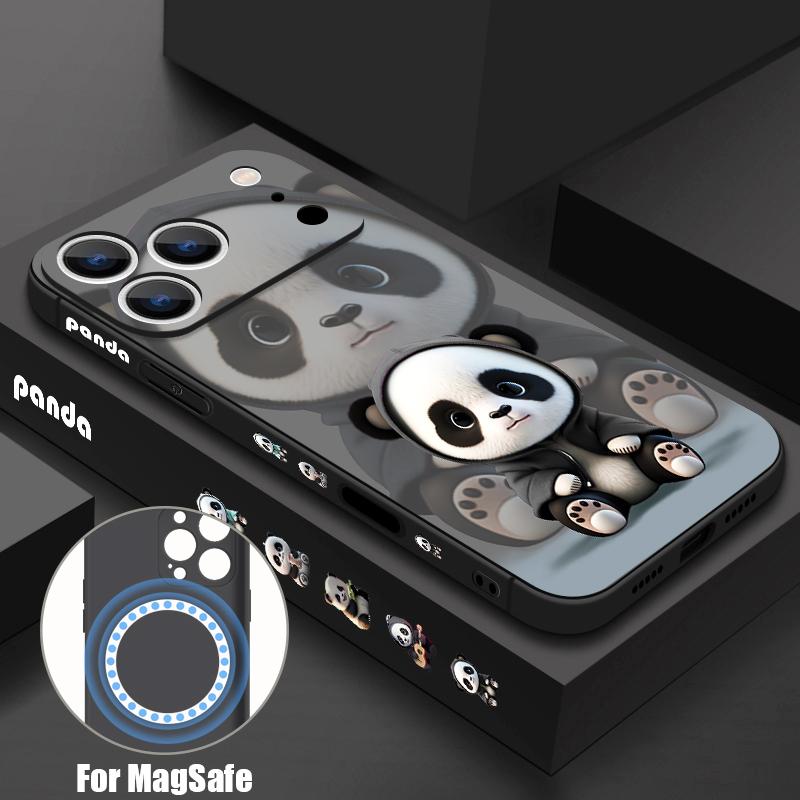 Black Coat Panda Pattern Case For iPhone 17 Pro Max Magnetic For Magsafe Silicone Cover For iPhone 16 Pro Max Funda iPhone 15 14 13 12 11 16E Air