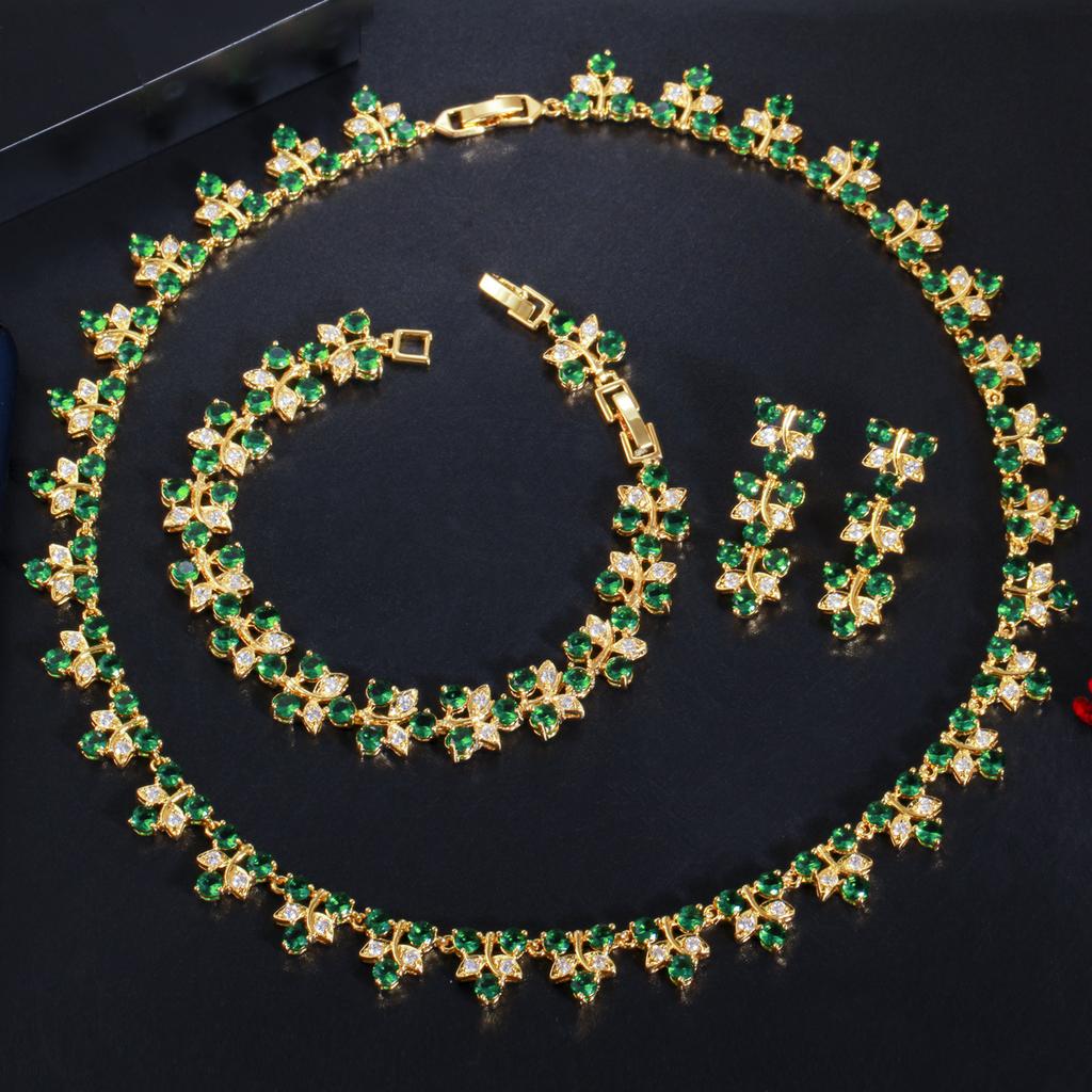 Bridal Flower Zircon Necklace Earrings Bracelet Three-Piece Jewelry Set Evening Dress Accessories