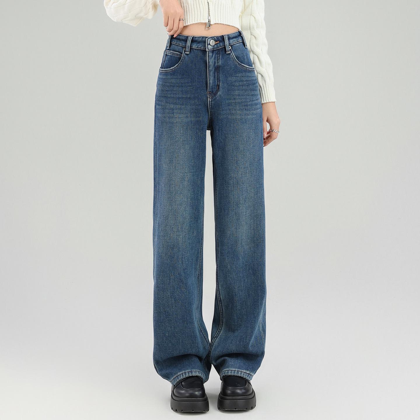 Women s Winter 2026 High-Waisted Fleece-Lined Wide-Leg Jeans S