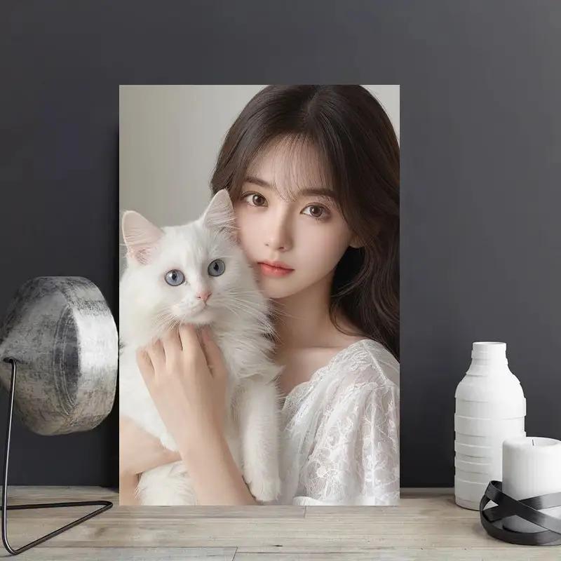 Frameless Canvas Wall Art Woman Cat Modern Home Decor D Flat Stylish Painting 20x30cm(7.8x11.8inch)