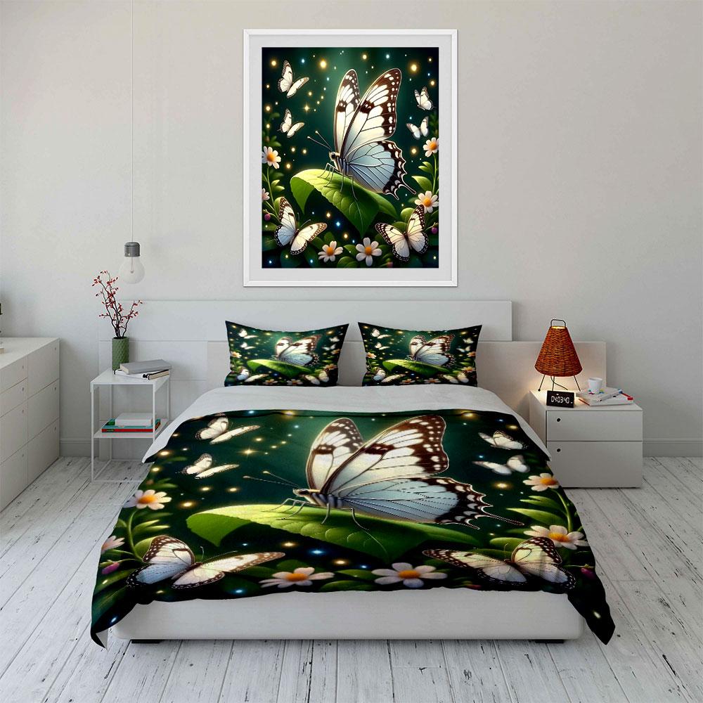Butterflies And Flowers Night Scene Print Bedding Set 1 Duvet Cover 2 Pillowcases For Adult And Children Luxury Gift Full Size