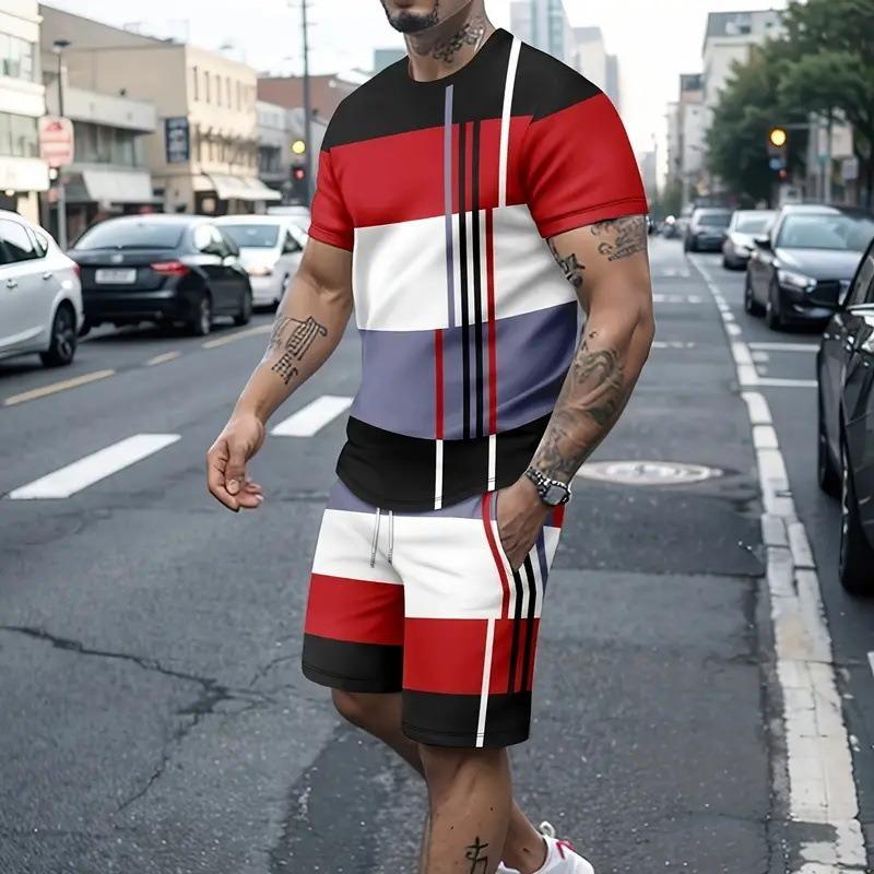 Men s Summer Sports Plus Size 2-piece Set Striped Design Loose Breathable Fashionable Colorful 3D Print Sports Wear S