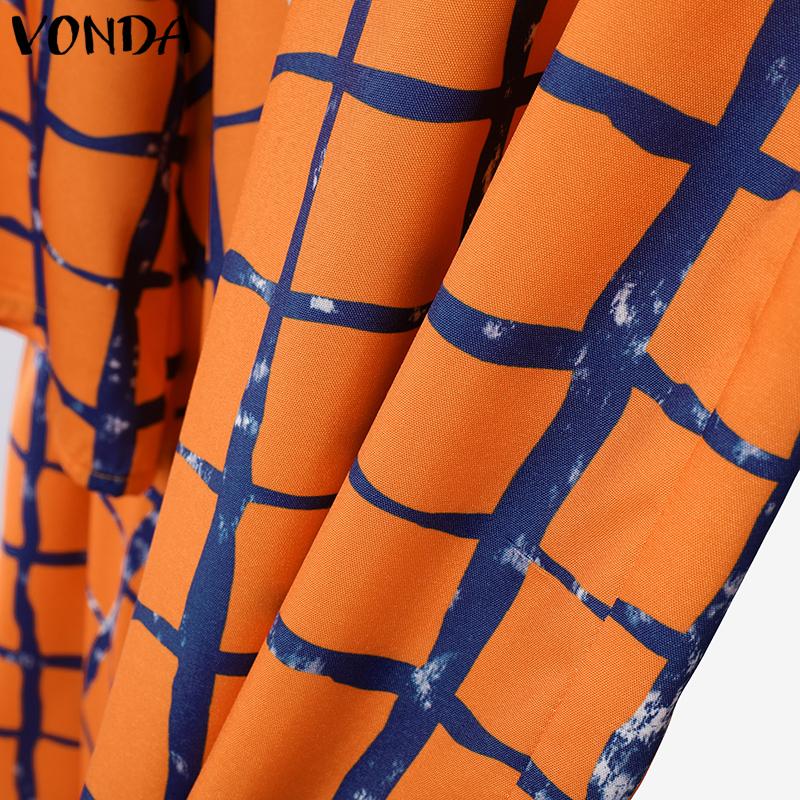 VONDA Women Outfits Plaid Print Long Flare Sleeve Blouse and Wide Leg Pants Casual Two Piece Suit