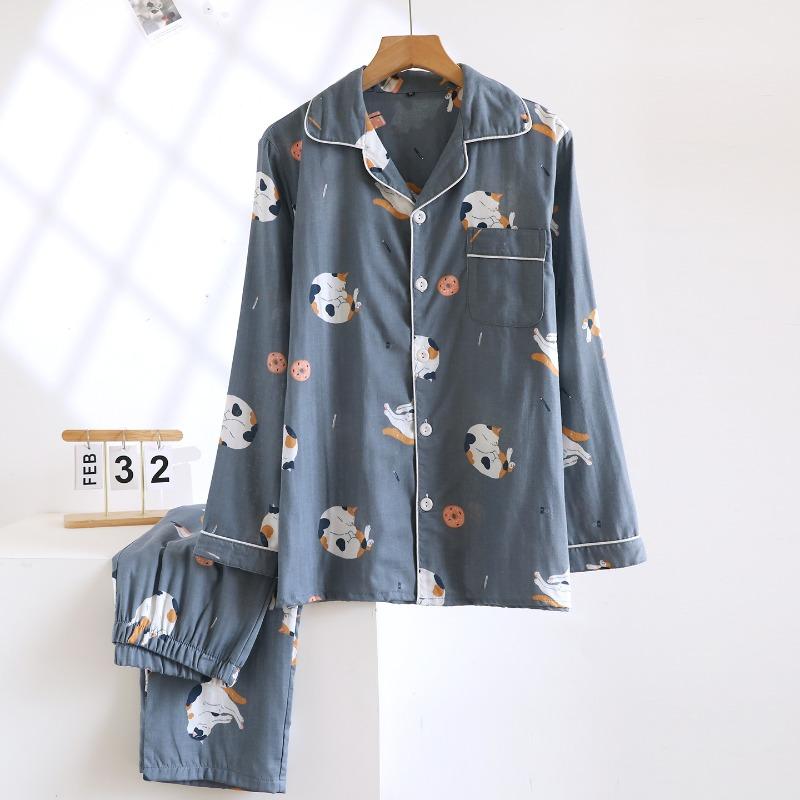 Conjunto de Pijama Nuevo para Pareja Primavera y Otoño 100% Algodón Doble Capa Gasa Manga Larga Pantalones Ropa de Casa para Mujer