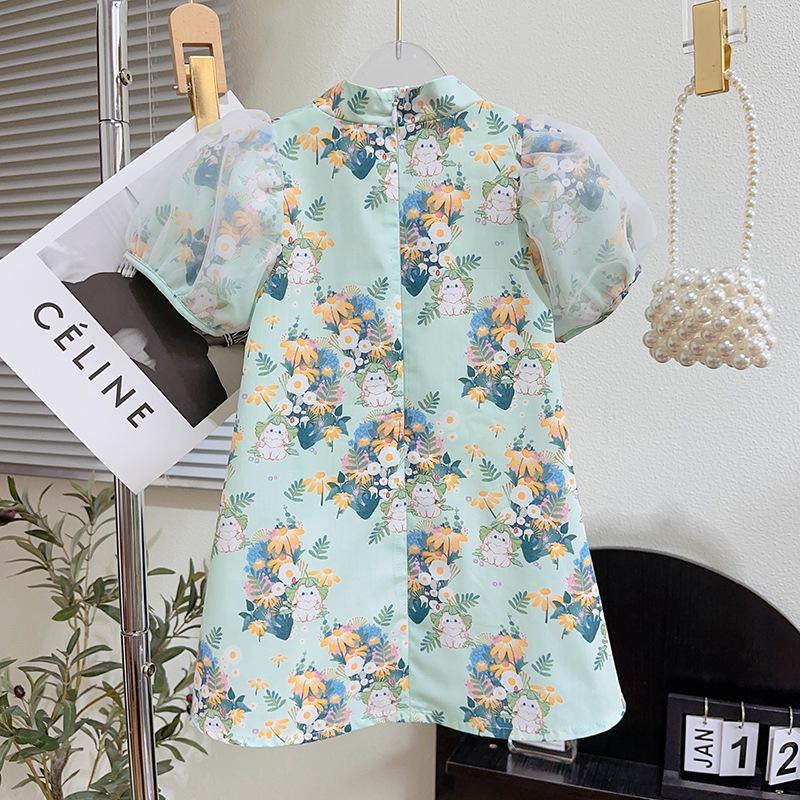 Girls' Summer Puff Sleeve Cheongsam Princess Dress