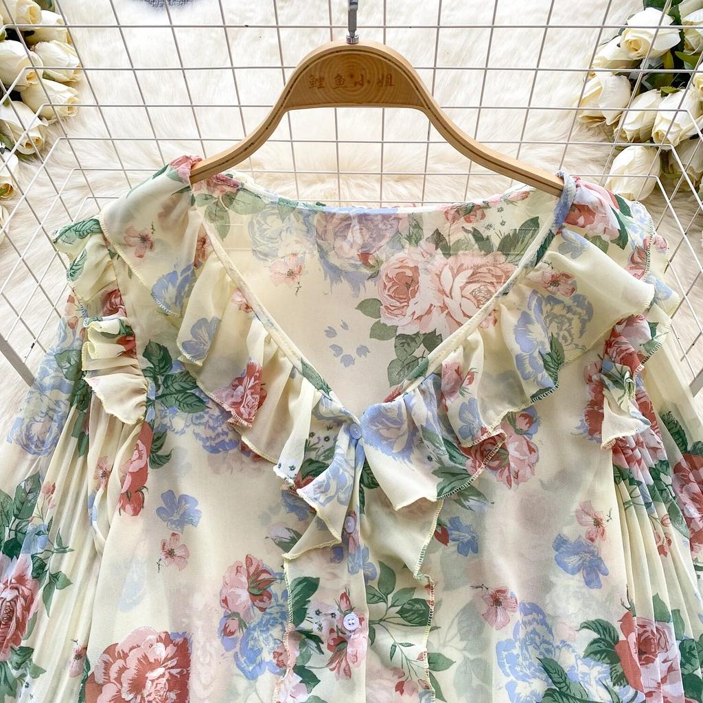 Chemises en mousseline de soie imprimées pour femmes, nouveau haut à volants doux, col en v, Design plissé, manches lanternes, début du printemps, 2024