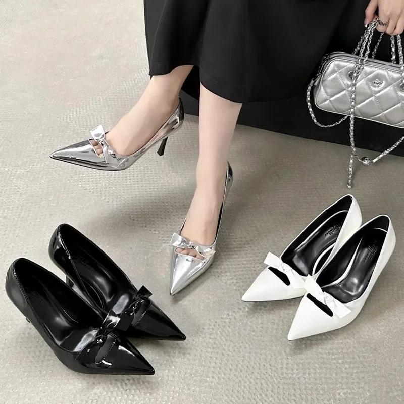 Fashion High Quality Patent Leather Women Pumps Sexy Pointed Toe Bow Design Thin High Heels Elegant Party Dress Shoes Zapatos De Mujer