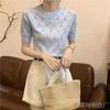 Women Diamond Grid Rhinestone Knit T-shirt Crew Neck Short Sleeve Fitted Casual Sweater