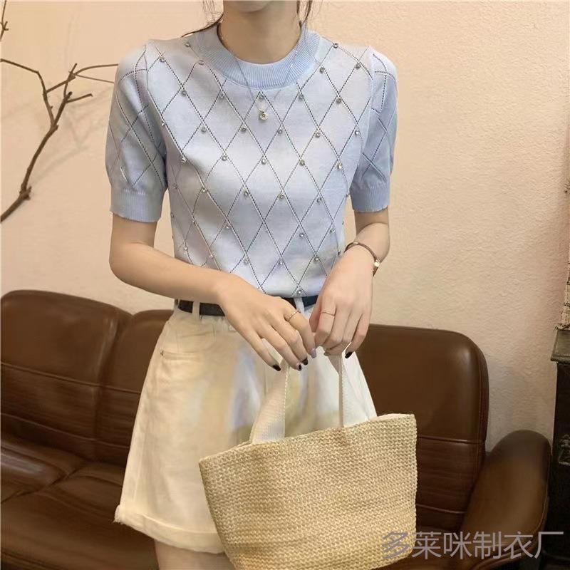 Women Diamond Grid Rhinestone Knit T-shirt Crew Neck Short Sleeve Fitted Casual Sweater