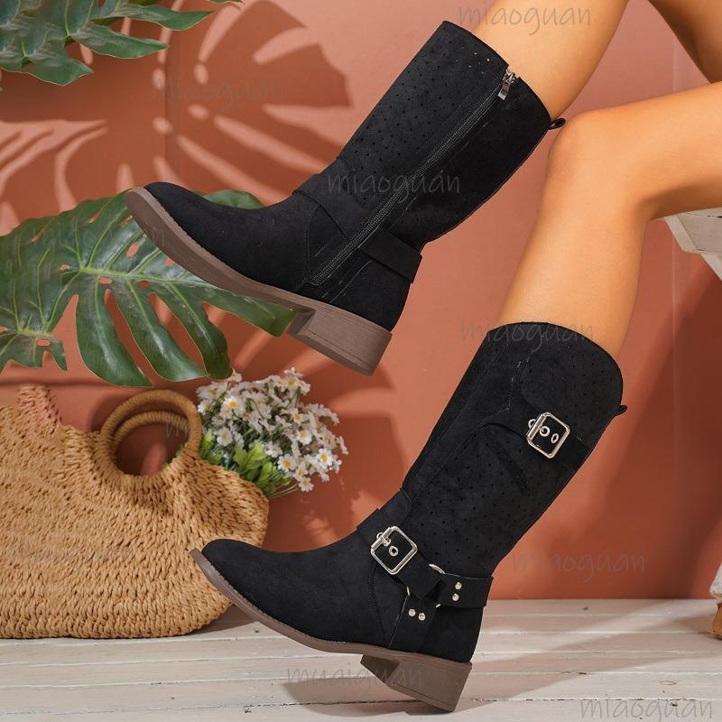 Suede Western Cowboy Boots Women 2025 Autumn Vintage Metal Buckle Black Ankle Boots Woman Thick Heels Side Zip Short Boties 42