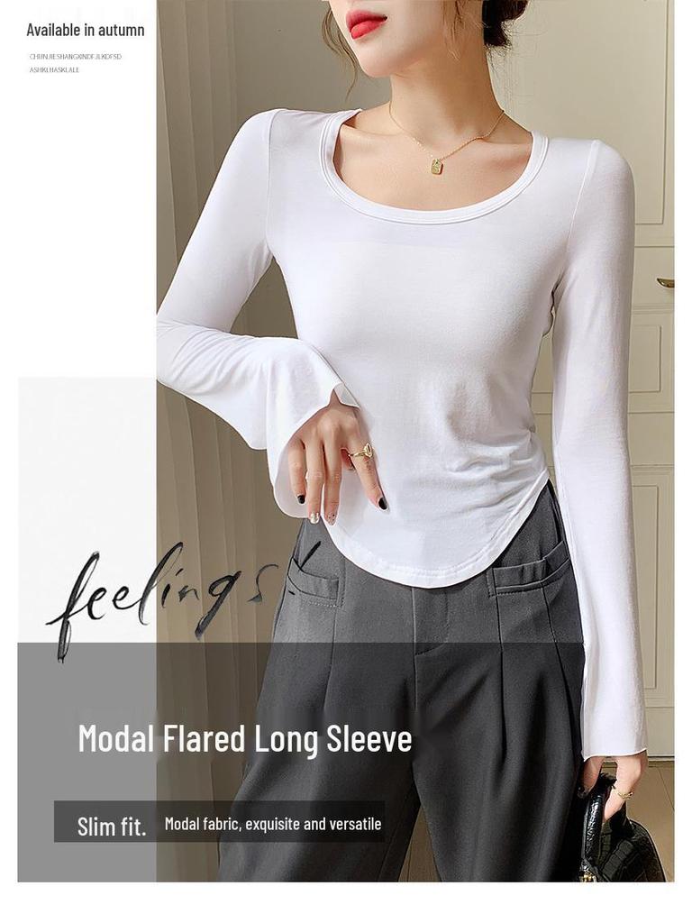Women's Autumn/Winter Modal Round Neck Flared Long Sleeve Slim Base Layer Top