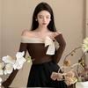 Coquette Off Shoulder Black T-shirts Women Korean Style Chic Bow Brown Long Sleeve Tees Sweet Sexy Patchwork Slim Tops