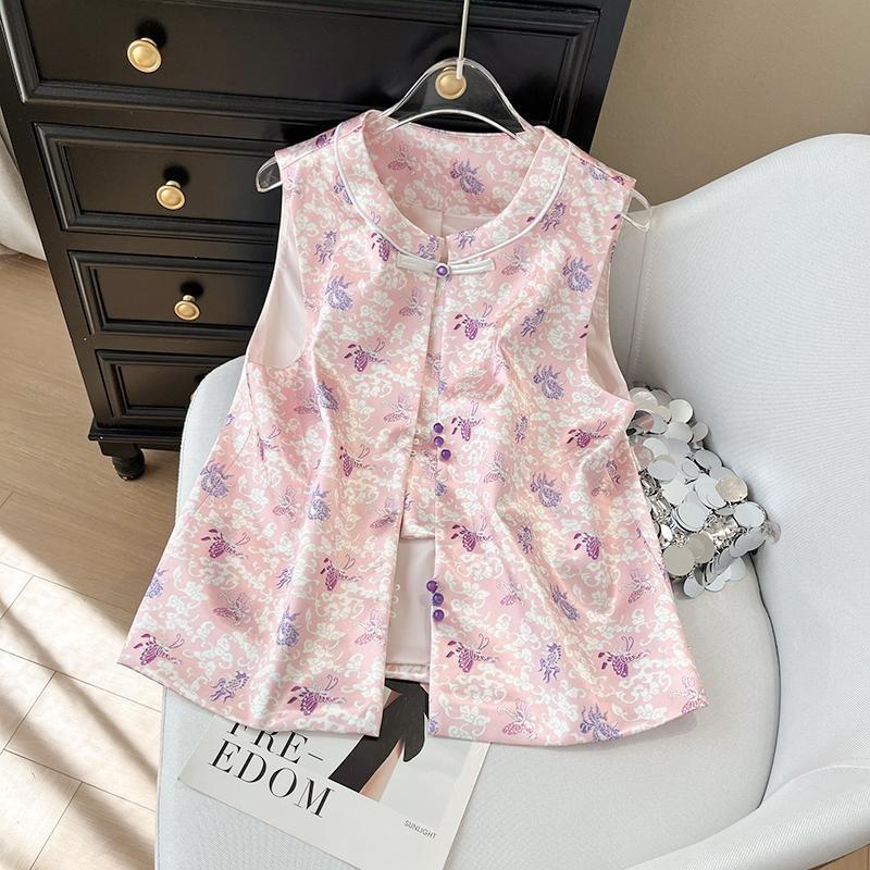 

6429 Новый жилет весна-лето розовый фиолетовый парча жаккард дисковая застежка без рукавов жилет 3XL ([Recommended 138-75kg]) розовый