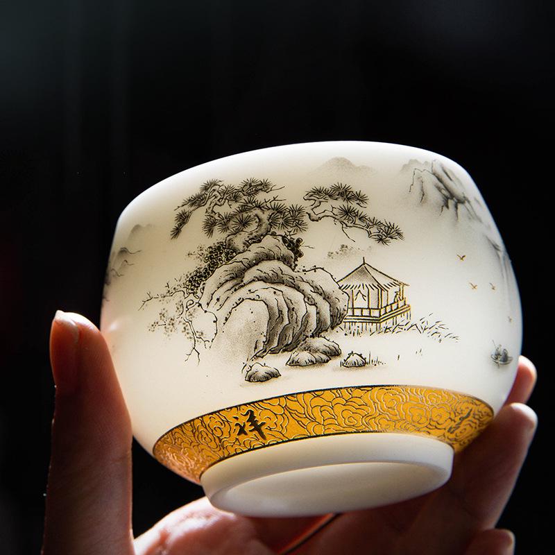 Plain Ice Jade Porcelain Tea Cup Set with Ink Painting - Perfect for Gifts