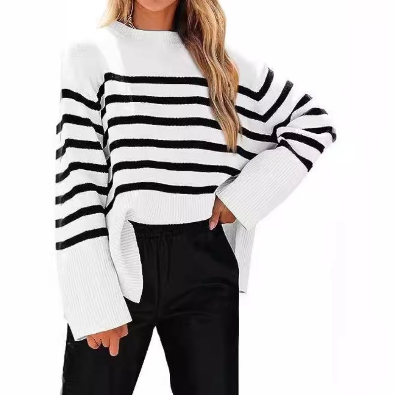 Women's Striped Drop Shoulder Sweater, Oversized Batwing Sleeve Knit Top with Soft Yarn, Boho Chic Loose Fit Pullover for Casual Wear